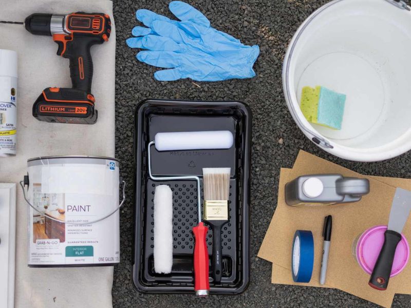 Materials and tools for painting high gloss kitchen cupboards